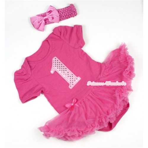 Hot Pink Baby Jumpsuit Hot Pink Pettiskirt With 1st Sparkle Light Pink Birthday Number Print With Hot Pink Headband Hot Pink Satin Bow JS386 
