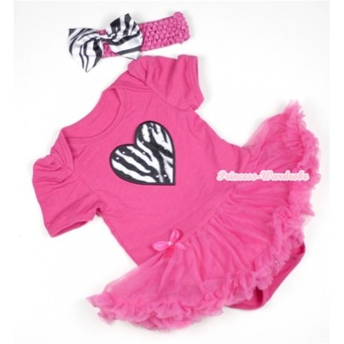 Hot Pink Baby Jumpsuit Hot Pink Pettiskirt With Zebra Heart Print With Hot Pink Headband Zebra Satin Bow JS390 