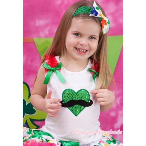 Valentine's Day White Tank Top With Red Ruffles & Kelly Green Bow With Mustache Sparkle Kelly Green Heart Print TB694 