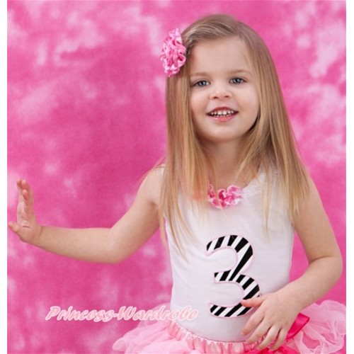 White Tank Tops with Hot Pink White Dots White Lacing with 3rd Zebra Birthday Number Print TB695 