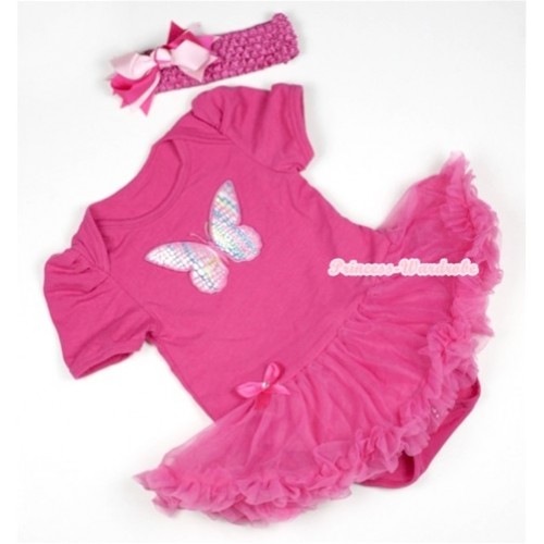 Hot Pink Baby Jumpsuit Hot Pink Pettiskirt With Rainbow Butterfly Print With Hot Pink Headband Hot Light Pink Screwed Ribbon Bow JS398 