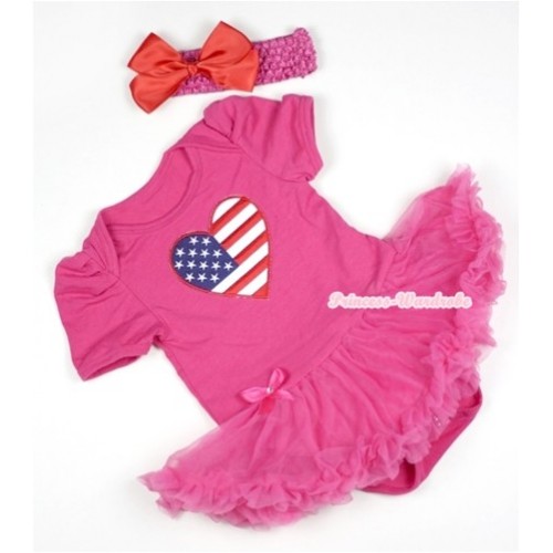 Hot Pink Baby Jumpsuit Hot Pink Pettiskirt With Patriotic American Heart Print With Hot Pink Headband Red Silk Bow JS399 