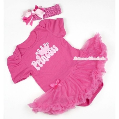 Hot Pink Baby Jumpsuit Hot Pink Pettiskirt With Princess Print With Hot Pink Headband Hot Light Pink Screwed Ribbon Bow JS392 
