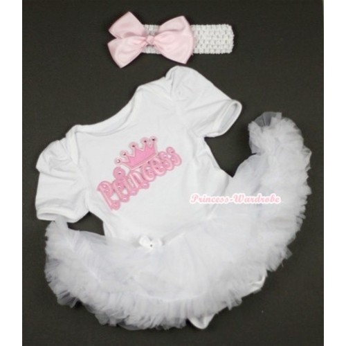 White Baby Jumpsuit White Pettiskirt With Princess Print With White Headband Light Pink Silk Bow JS402 