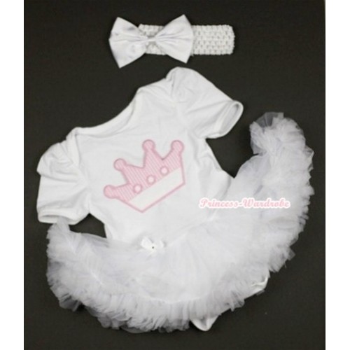 White Baby Jumpsuit White Pettiskirt With Crown Print With White Headband White Satin Bow JS404 