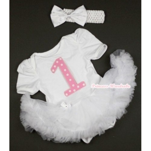 White Baby Jumpsuit White Pettiskirt With 1st Light Pink White Dots Birthday Number Print With White Headband White Satin Bow JS405 