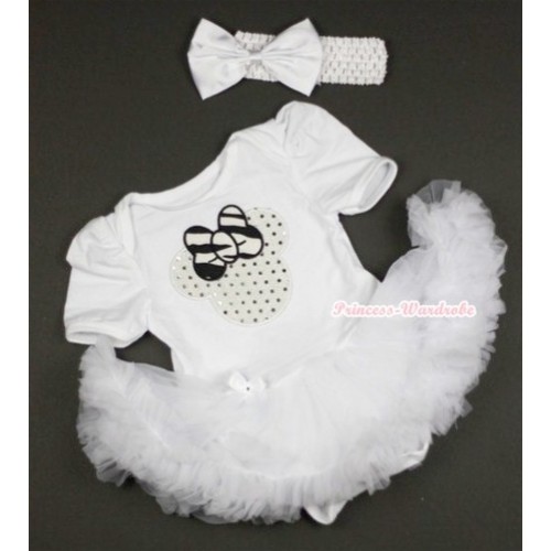 White Baby Jumpsuit White Pettiskirt With Sparkle White Minnie Print With White Headband White Satin Bow JS407 