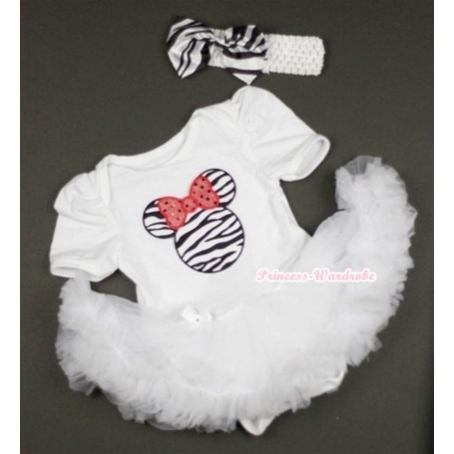 White Baby Jumpsuit White Pettiskirt With Zebra Minnie Print With White Headband Zebra Satin Bow JS409 