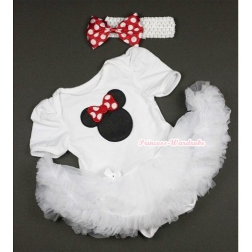 White Baby Jumpsuit White Pettiskirt With Minnie Print With White Headband Minnie Satin Bow JS411 