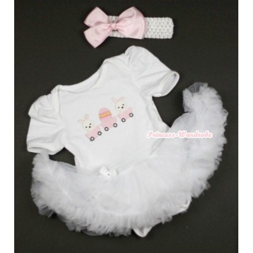 White Baby Jumpsuit White Pettiskirt With Bunny Rabbit Egg Print With White Headband Light Pink Silk Bow JS413 