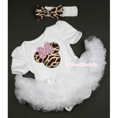 White Baby Jumpsuit White Pettiskirt With Brown Giraffe Minnie Print With White Headband Giraffe Satin Bow JS414 