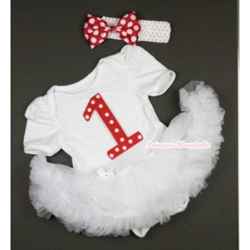White Baby Jumpsuit White Pettiskirt With 1st Red White Polka Dots Birthday Number Print With White Headband Minnie Dots Satin Bow JS422 