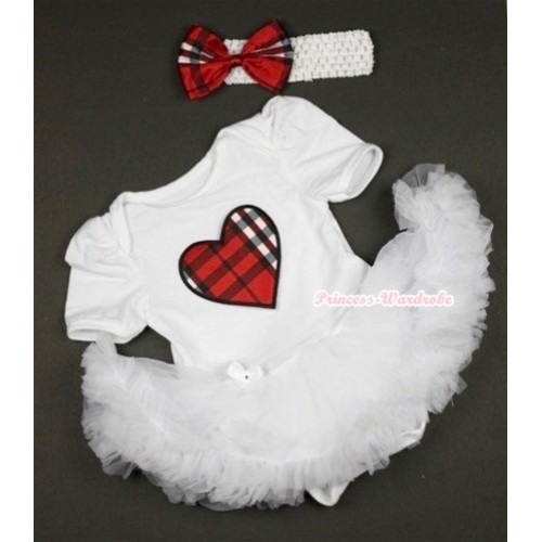 White Baby Jumpsuit White Pettiskirt With Red Black Checked Heart Print With White Headband Red Black Checked Satin Bow JS427 