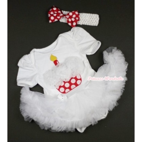 White Baby Jumpsuit White Pettiskirt With White Rosettes Minnie Dots Birthday Cake Print With White Headband Minnie Dots Satin Bow JS425 