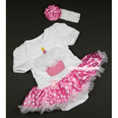 White Baby Jumpsuit Hot Pink White Dots Pettiskirt With White Rosettes Birthday Cake Print With White Headband Hot Pink White Dots Rose JS429 