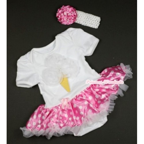 White Baby Jumpsuit Hot Pink White Dots Pettiskirt With White Rosettes Ice Cream Print With White Headband Hot Pink White Dots Rose JS430 