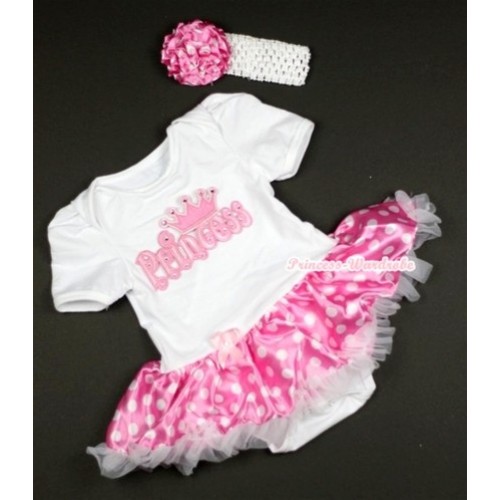 White Baby Jumpsuit Hot Pink White Dots Pettiskirt With Princess Print With White Headband Hot Pink White Dots Rose JS434 