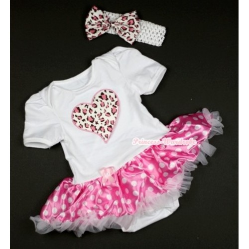 White Baby Jumpsuit Hot Pink White Dots Pettiskirt With Light Pink Leopard Heart Print With White Headband Light Pink Leopard Satin Bow JS439 