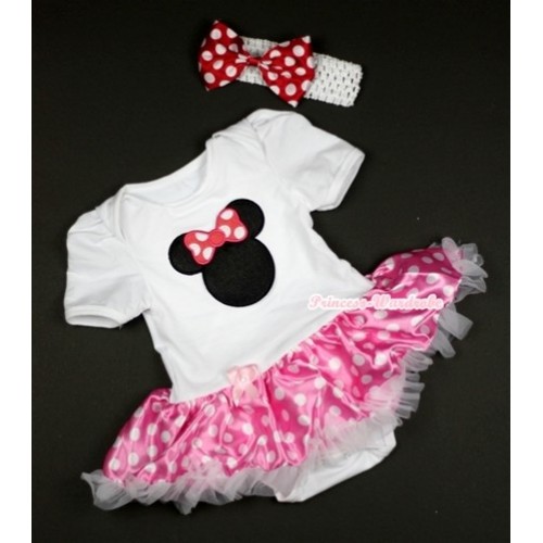 White Baby Jumpsuit Hot Pink White Dots Pettiskirt With Hot Pink Minnie Print With White Headband Minnie Dots Satin Bow JS440 
