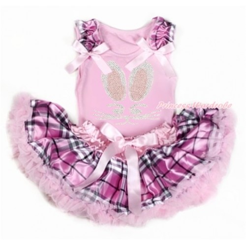 Easter Light Pink Baby Pettitop with Light Pink Checked Ruffles & Light Pink Bow with Sparkle Crystal Bling Rhinestone Bunny Rabbit Print with Light Pink Checked Newborn Pettiskirt BG128 