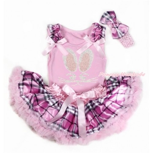 Easter Light Pink Baby Pettitop with Light Pink Checked Ruffles & Light Pink Bows with Sparkle Crystal Bling Rhinestine Bunny Rabbit Print & Light Pink Checked Newborn Pettiskirt With Light Pink Headband Light Pink Checked Satin Bow BG129 
