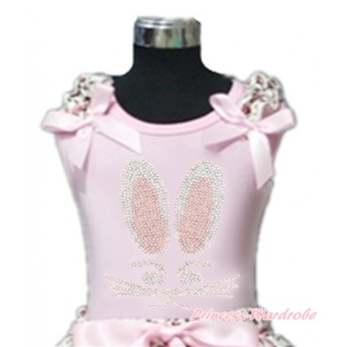 Easter Light Pink Tank Top With Light Pink Leopard Ruffles & Light Pink Bow With Sparkle Crystal Bling Rhinestone Bunny Rabbit Print TP70 