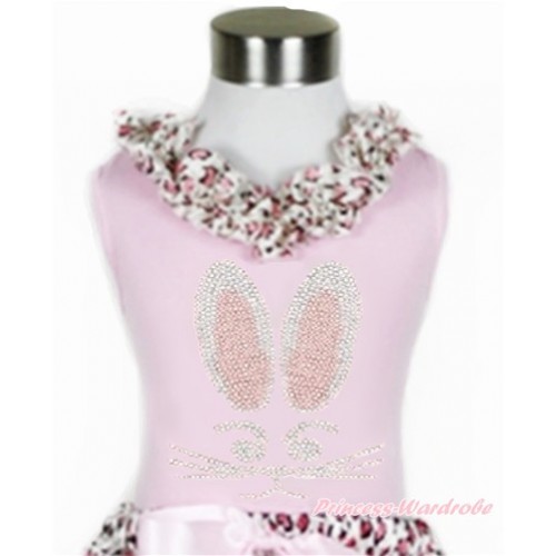 Easter Light Pink Tank Tops with Light Pink Leopard Satin Lacing with Sparkle Crystal Bling Rhinestone Bunny Rabbit Print TP73 