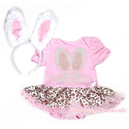 Easter Light Pink Baby Jumpsuit Light Pink Leopard Pettiskirt With Sparkle Crystal Bling Rhinestone Bunny Rabbit Print With Rabbit Headband JS3199 