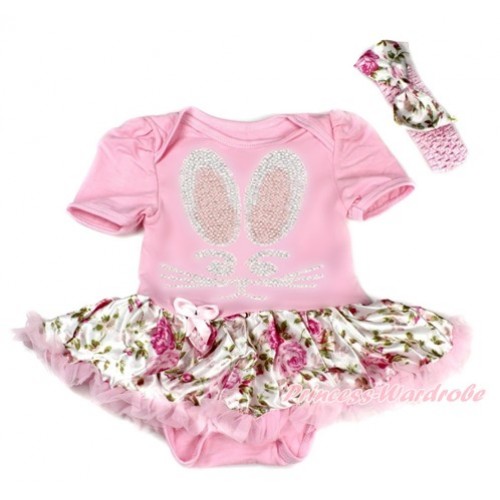 Easter Light Pink Baby Bodysuit Jumpsuit Light Pink Rose Fusion Pettiskirt With Sparkle Crystal Bling Rhinestone Bunny Rabbit Print With Light Pink Headband Light Pink Rose Satin Bow JS3200 
