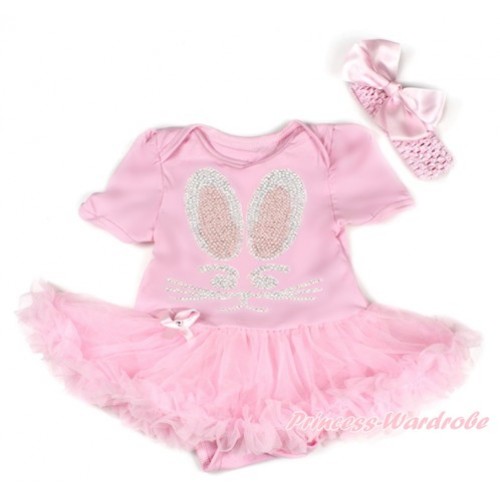Easter Light Pink Baby Bodysuit Jumpsuit Light Pink Pettiskirt With Sparkle Crystal Bling Rhinestone Bunny Rabbit Print With Light Pink Headband Light Pink Silk Bow JS3201 