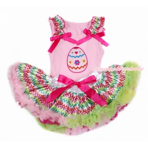 Easter Light Pink Baby Pettitop with Rainbow Wave Ruffles & Hot Pink Bow with Easter Egg Print with Rainbow Wave Newborn Pettiskirt BG132 