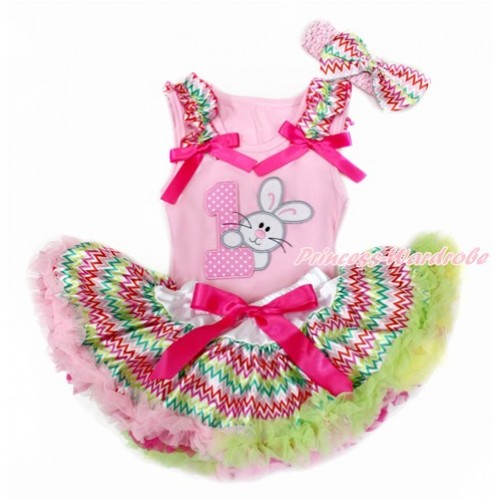 Easter Light Pink Baby Pettitop with Rainbow Wave Ruffles & Hot Pink Bows with 1st Light Pink White Dots Birthday Number & Bunny Rabbit Print & Rainbow Wave Newborn Pettiskirt With Light Pink Headband Rainbow Wave Satin Bow BG142 