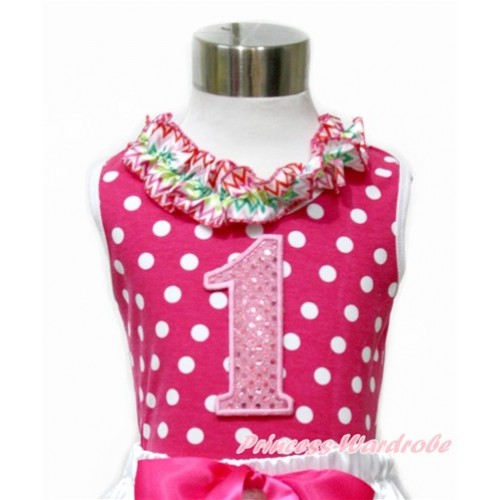 Hot Pink White Dots Tank Tops with Rainbow Wave Lacing with 1st Sparkle Light Pink Birthday Number Print TP193 