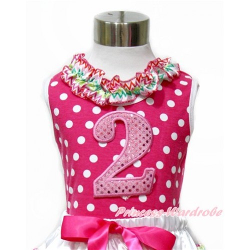 Hot Pink White Dots Tank Tops with Rainbow Wave Lacing with 2nd Sparkle Light Pink Birthday Number Print TP194 