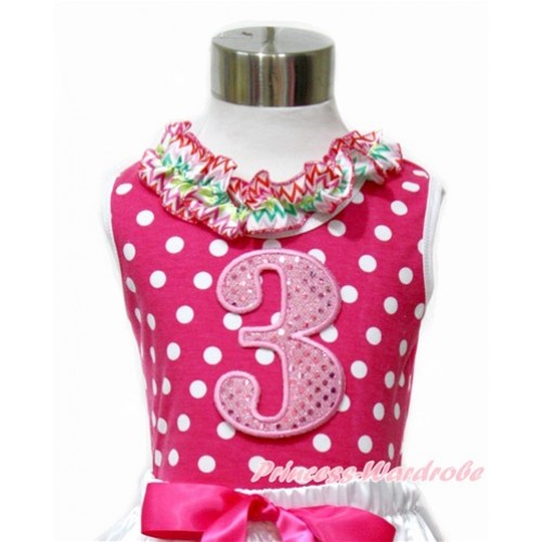Hot Pink White Dots Tank Tops with Rainbow Wave Lacing with 3rd Sparkle Light Pink Birthday Number Print TP195 