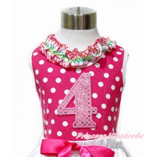 Hot Pink White Dots Tank Tops with Rainbow Wave Lacing with 4th Sparkle Light Pink Birthday Number Print TP196 