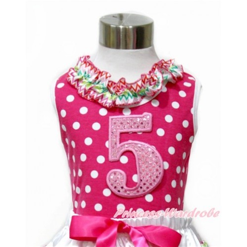 Hot Pink White Dots Tank Tops with Rainbow Wave Lacing with 5th Sparkle Light Pink Birthday Number Print TP197 