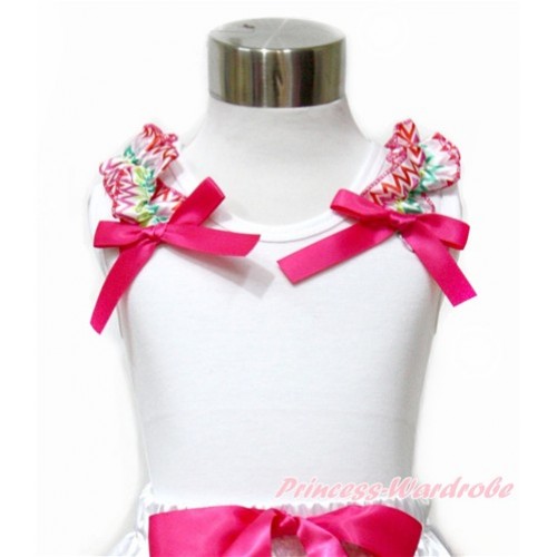 White Tank Top with Rainbow Wave Ruffles and Hot Pink Bow TB697 