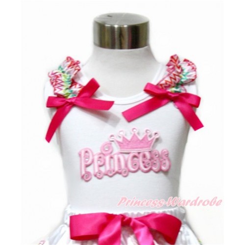 White Tank Top With Rainbow Wave Ruffles & Hot Pink Bow With Princess Print TB703 