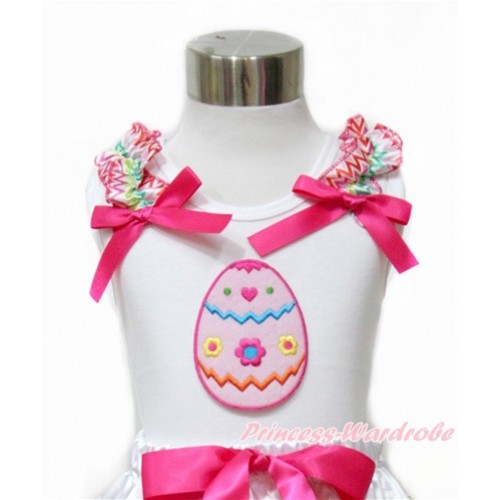 Easter White Tank Top With Rainbow Wave Ruffles & Hot Pink Bow With Easter Egg Print TB704 