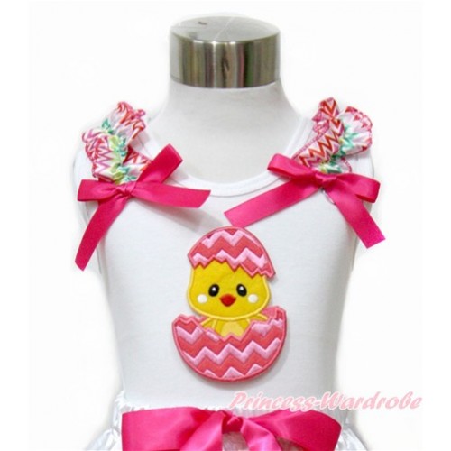 Easter White Tank Top With Rainbow Wave Ruffles & Hot Pink Bow With Chick Egg Print TB701 
