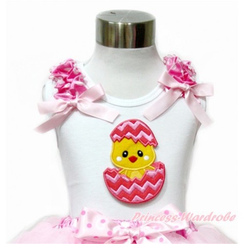 Easter White Tank Top With Hot Pink White Dots Ruffles & Light Pink Bow With Chick Egg Print TB708 