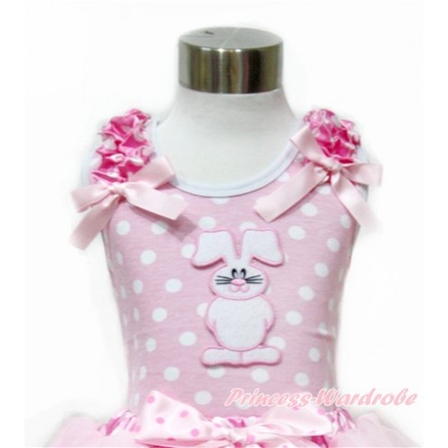 Easter Light Pink White Dots Tank Top With Hot Pink White Dots Ruffles & Light Pink Bow With Bunny Rabbit Print TP203 