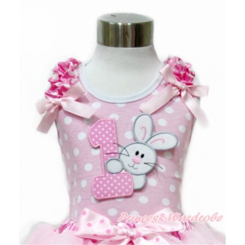 Easter Light Pink White Dots Tank Top With Hot Pink White Dots Ruffles & Light Pink Bow With 1st Light Pink White Dots Birthday Number & Bunny Rabbit Print TP208 