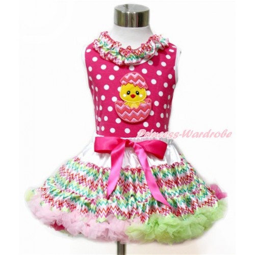Easter Hot Pink White Dots Tank Top With Rainbow Wave Satin Lacing With Chick Egg Print with Rainbow Wave Pettiskirt MH174 
