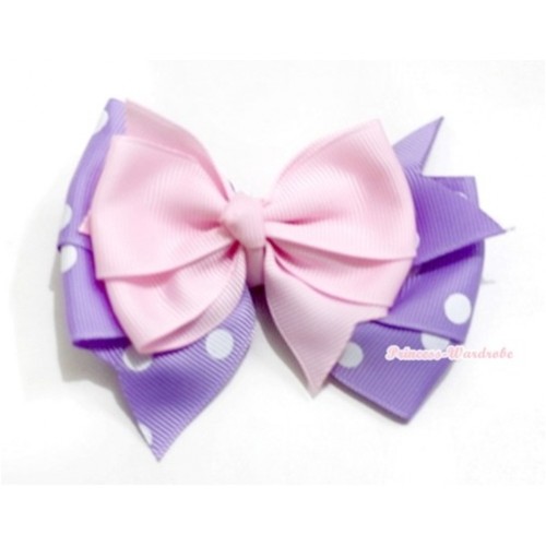 Light Pink & Lavender White Polka Dots Ribbon Bow Hair Clip H576 