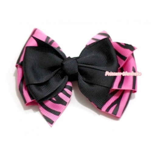 Black & Hot Pink Zebra Ribbon Bow Hair Clip H575 