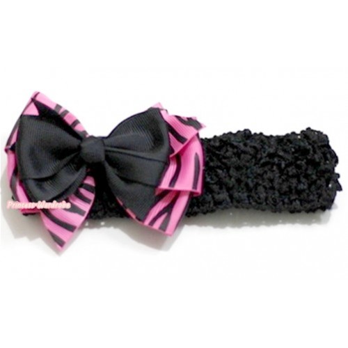 Black Headband with Black & Hot Pink Zebra Ribbon Bow Hair Clip H579 