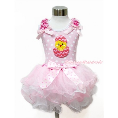 Easter Light Pink White Dots Tank Top With Hot Pink White Dots Ruffles & Light Pink Bow & Chick Egg Print With Light Hot Pink Dots Bow Hot Pink White Polka Dots Waist Light Pink White Petal Pettiskirt MH179 
