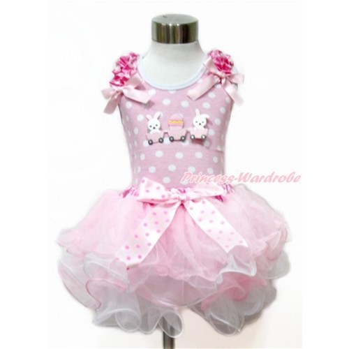 Easter Light Pink White Dots Tank Top With Hot Pink White Dots Ruffles & Light Pink Bow & Bunny Rabbit Egg Print With Light Hot Pink Dots Bow Hot Pink White Polka Dots Waist Light Pink White Petal Pettiskirt MH181 